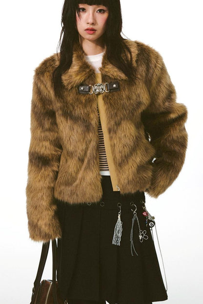 Diamond-Pattern Khaki Fur Jacket