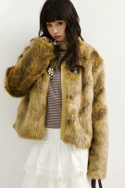 Diamond-Pattern Khaki Fur Jacket