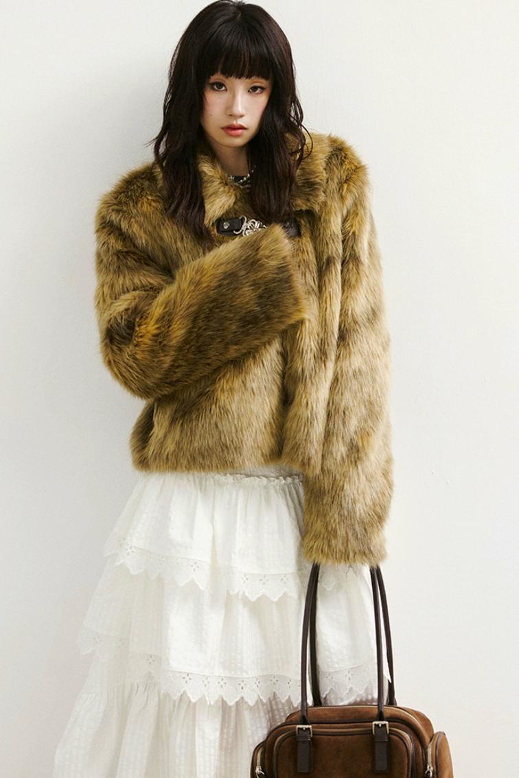 Diamond-Pattern Khaki Fur Jacket