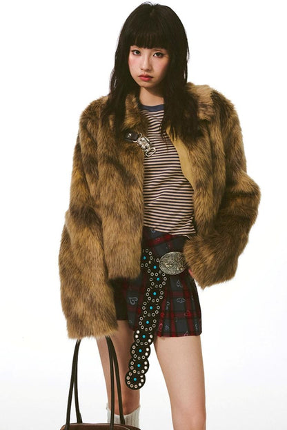 Diamond-Pattern Khaki Fur Jacket