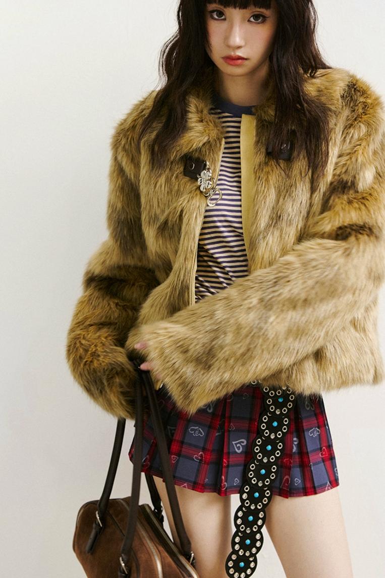 Diamond-Pattern Khaki Fur Jacket