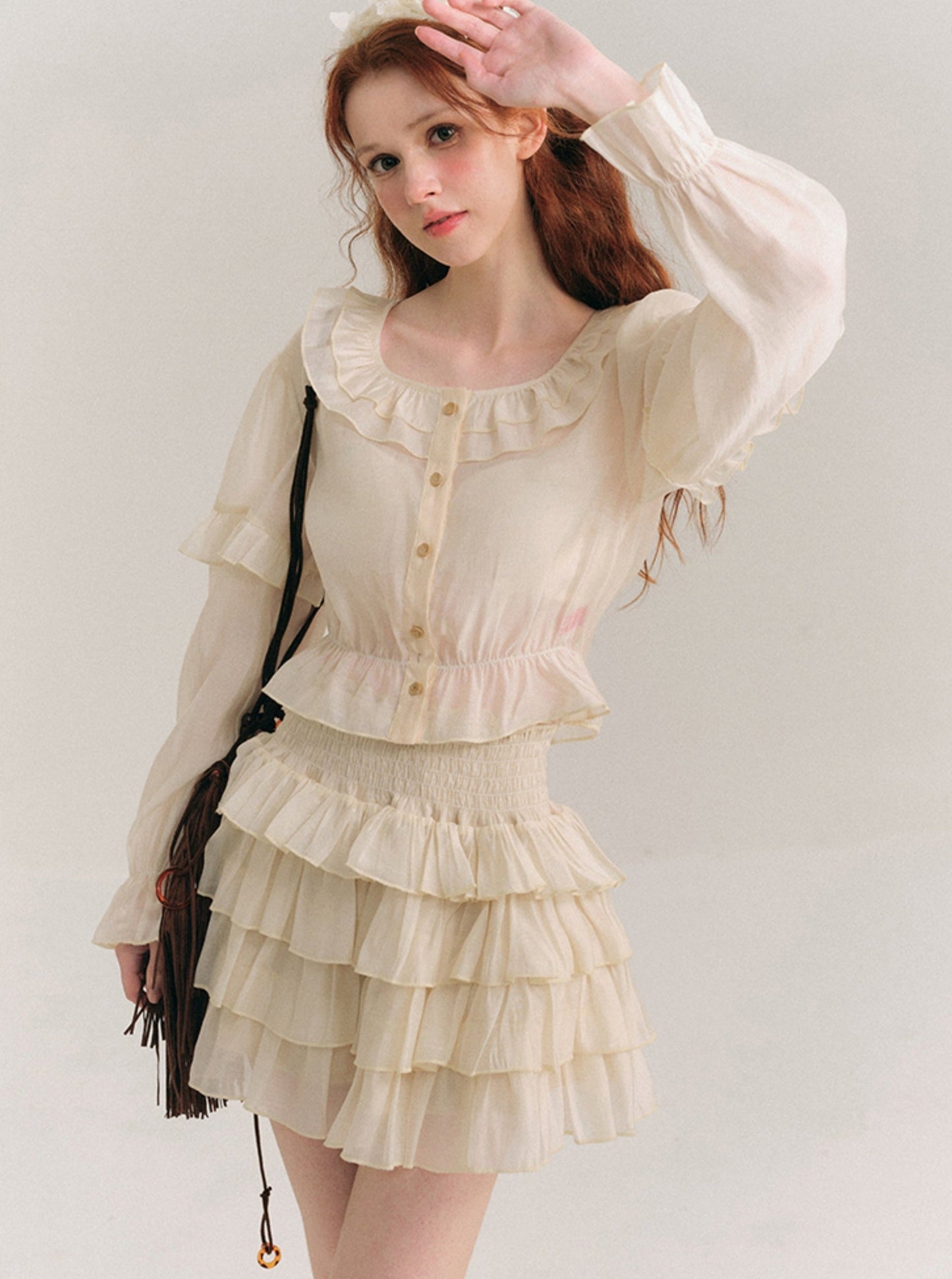 Tencel Ruffle Collar Shirt & Cake Skirt Set-Up