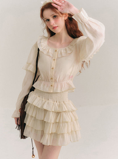 Tencel Ruffle Collar Shirt & Cake Skirt Set-Up