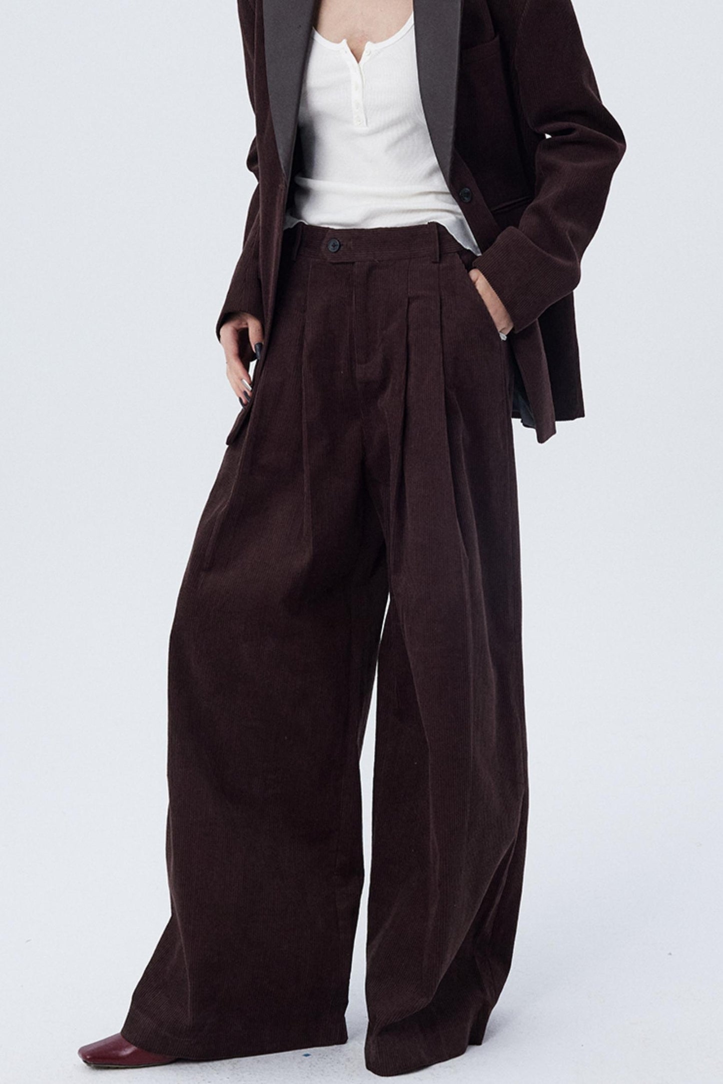 Pleated Mocha Brown Corduroy Pants