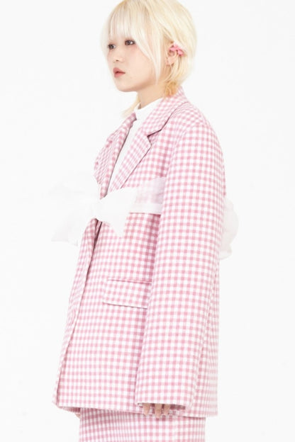 Pink Plaid Wool Bow Suit Jacket