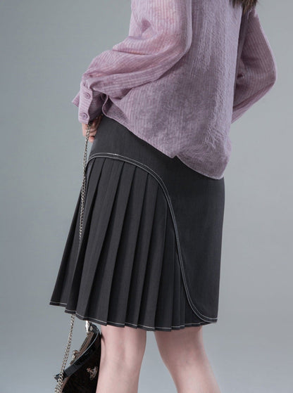 Smoked Topstitched Pleated Skirt