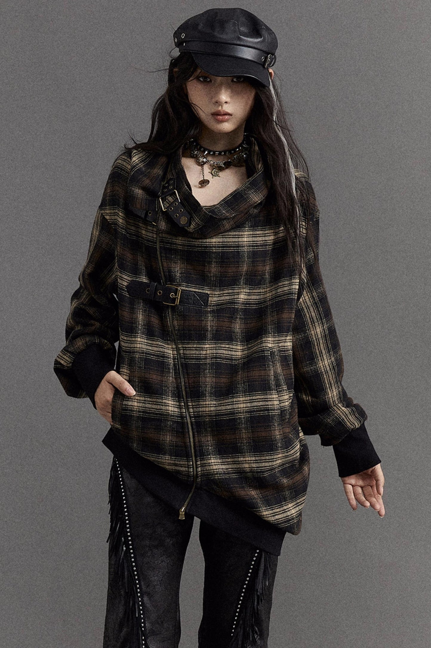 Asymmetric Check Punk Jacket