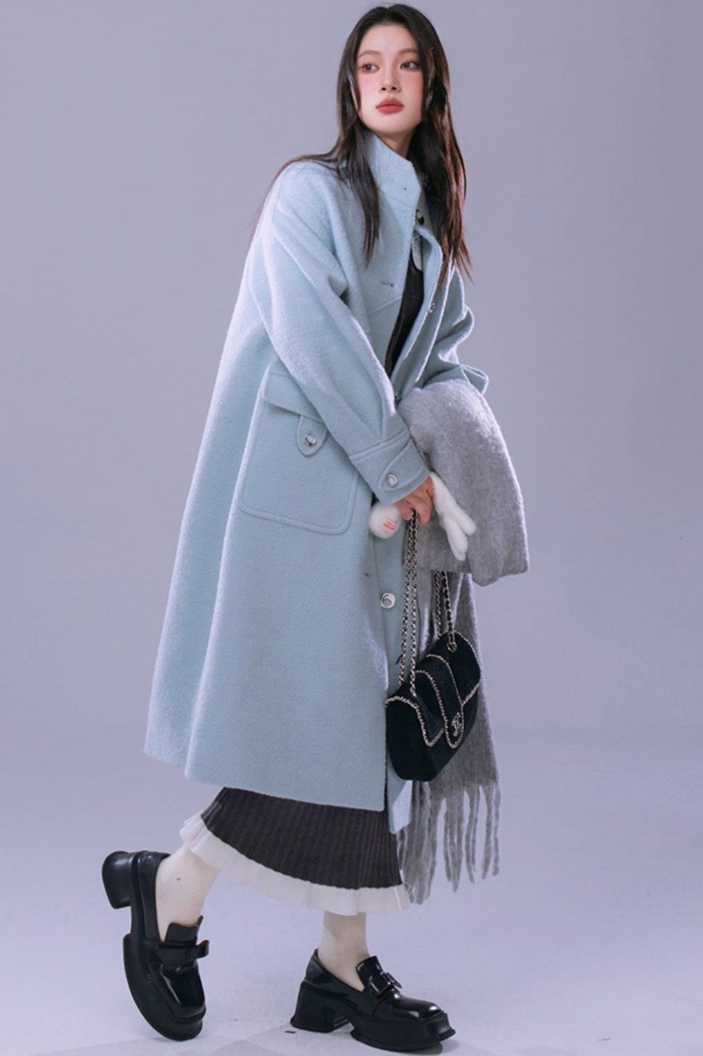 Blue Waxy Wool Long Coat