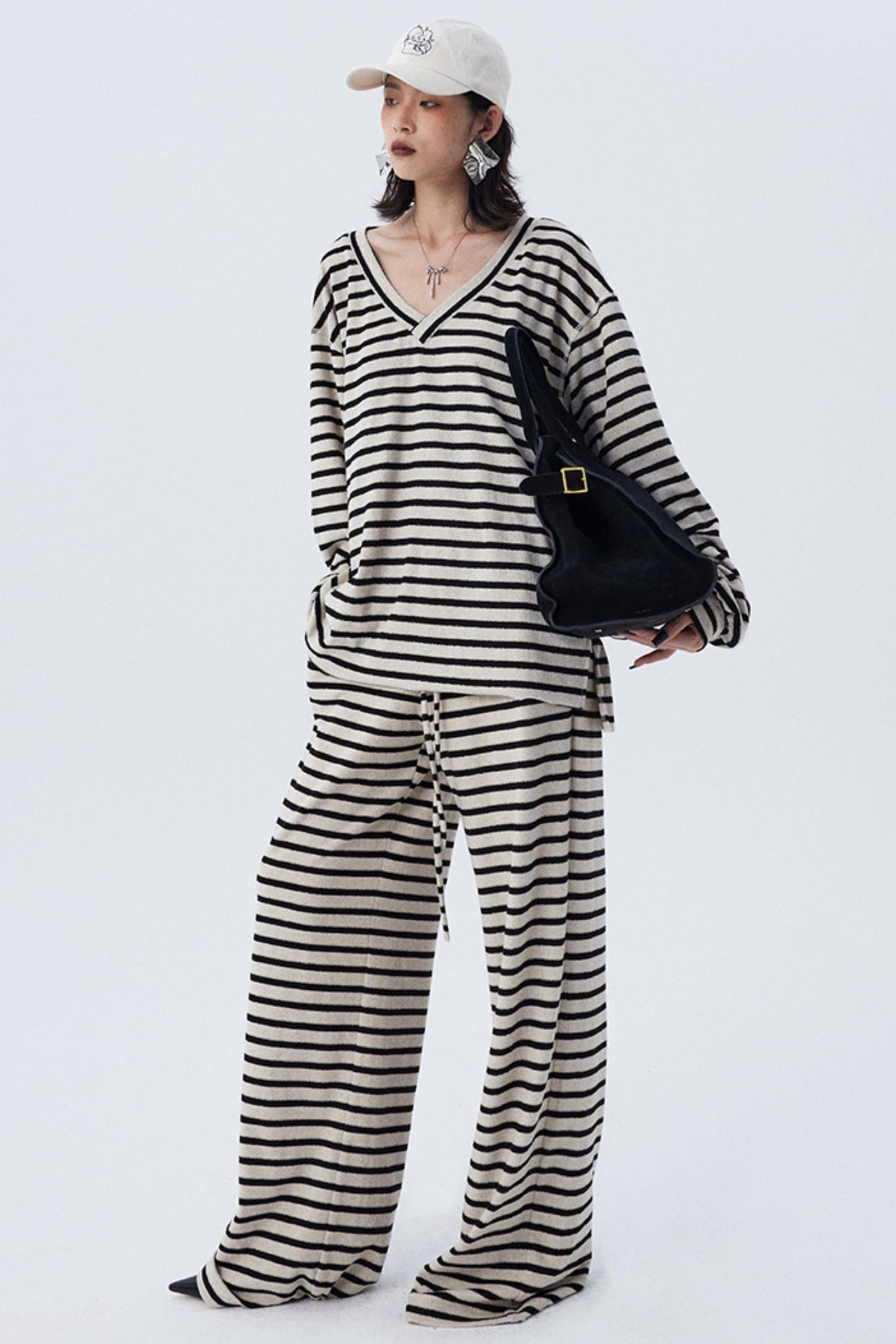 Dropped Shoulder Striped Terry Shirt Set-Up