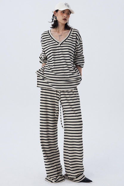 Dropped Shoulder Striped Terry Shirt Set-Up