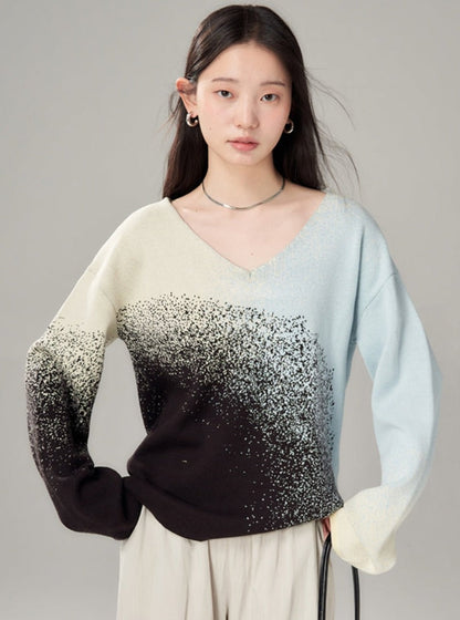 Gradient V-Neck Sweater Knitted Tops Skirt Set