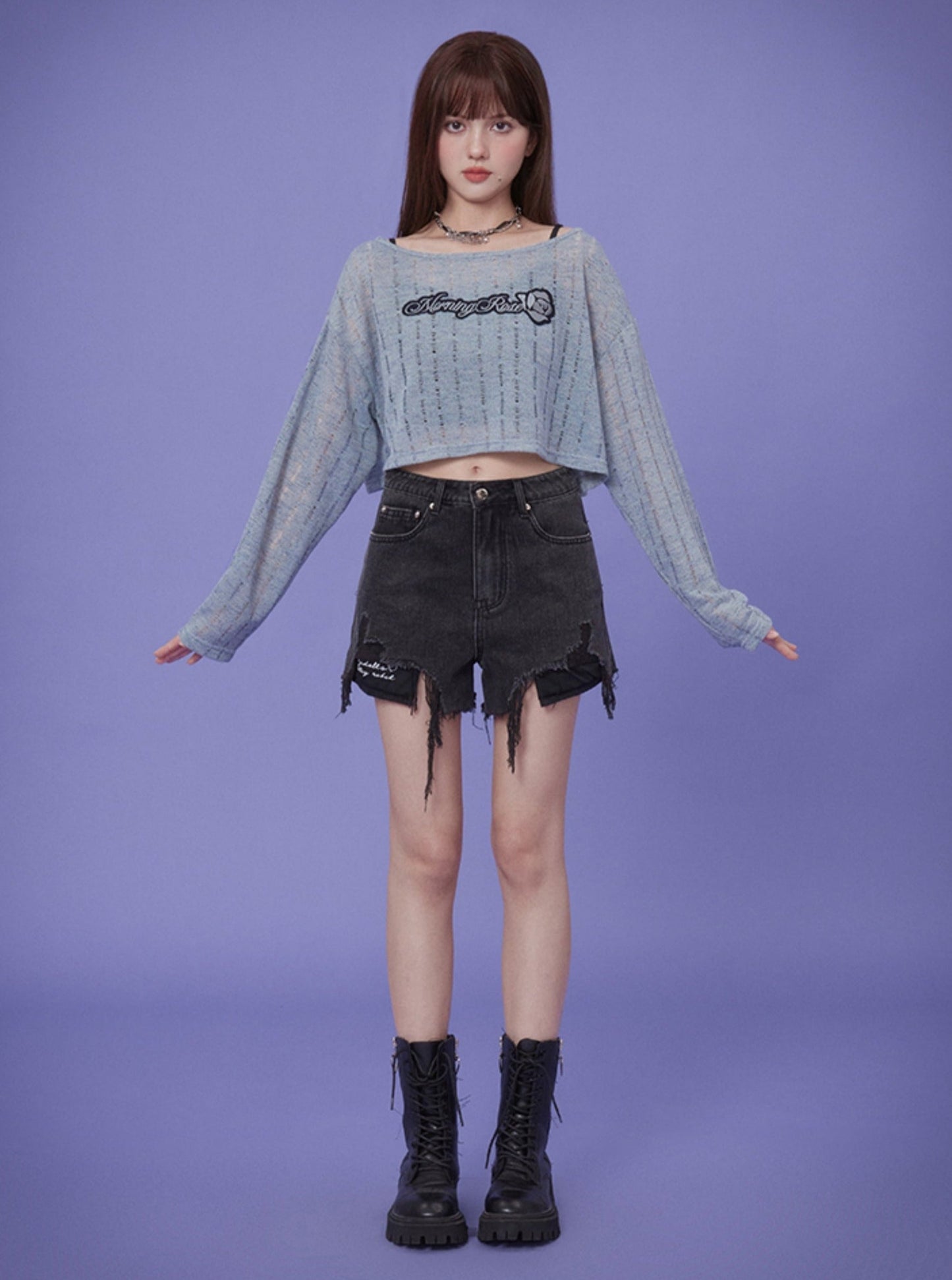 Blue Hollow Knitted Top