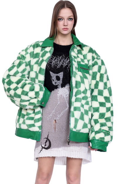 Checkered Panel Fur Coat