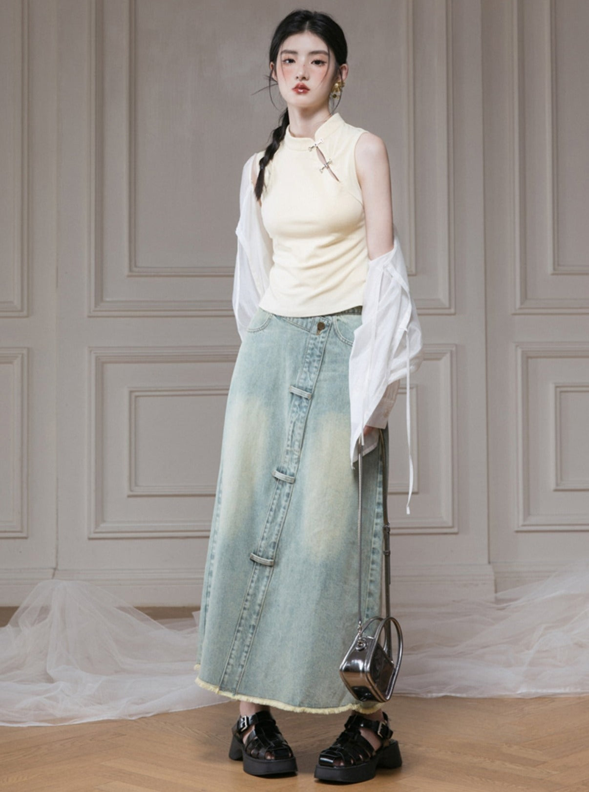 Mango Green Distressed Skirt