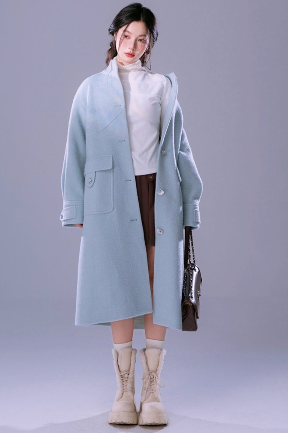 Blue Waxy Wool Long Coat