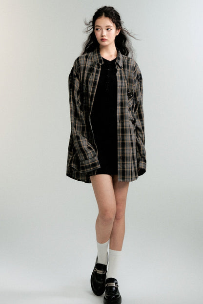 Color-Block Loose Check Long-Sleeved Shirt