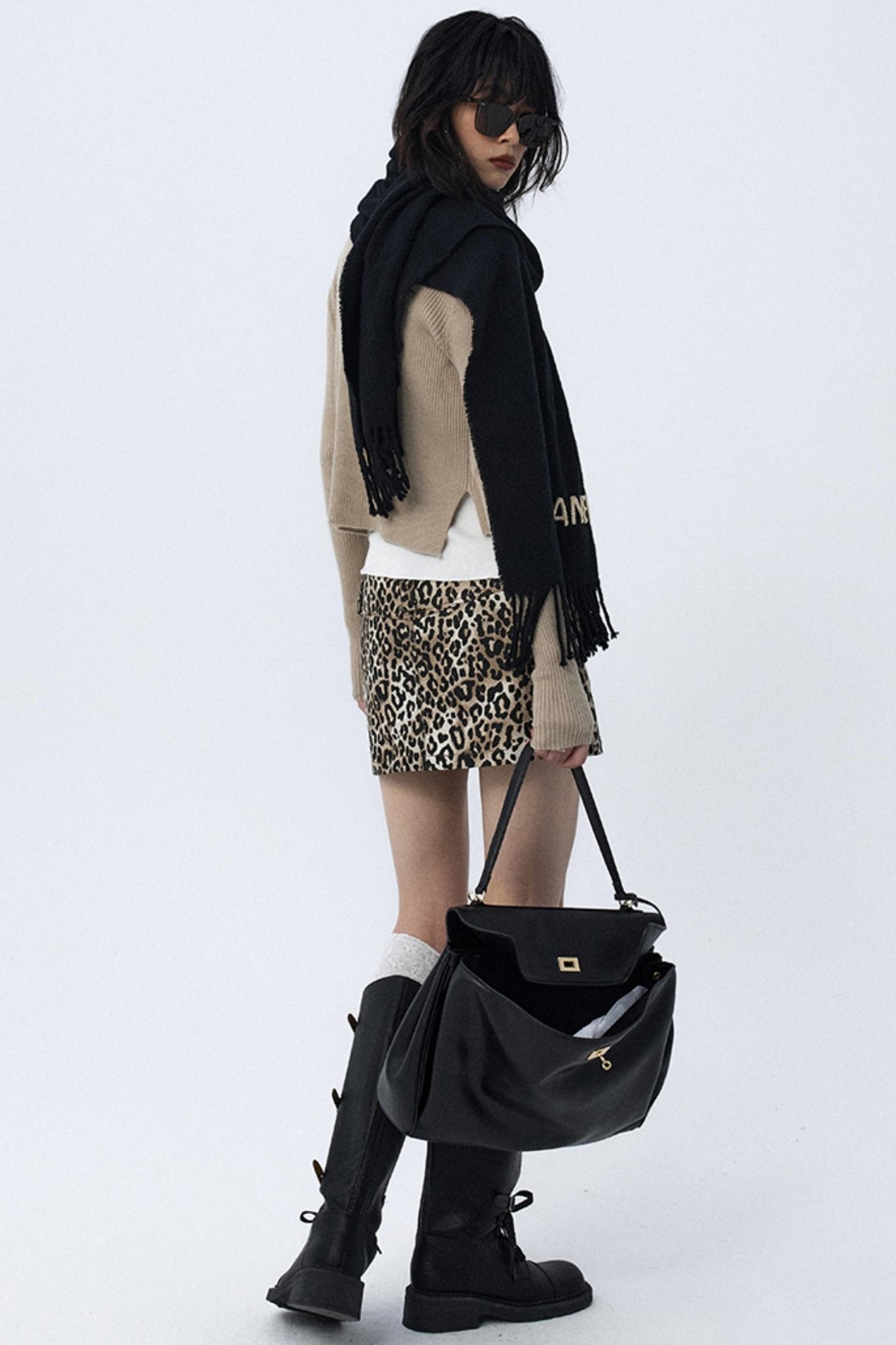 Leopard Print Twill Denim Skirt