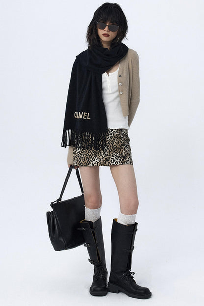 Leopard Print Twill Denim Skirt