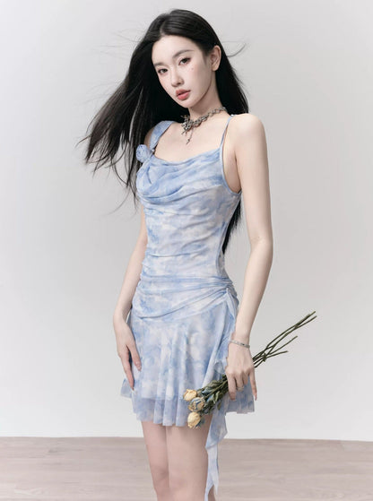 Light Blue Rose Ribbon Slip Dress