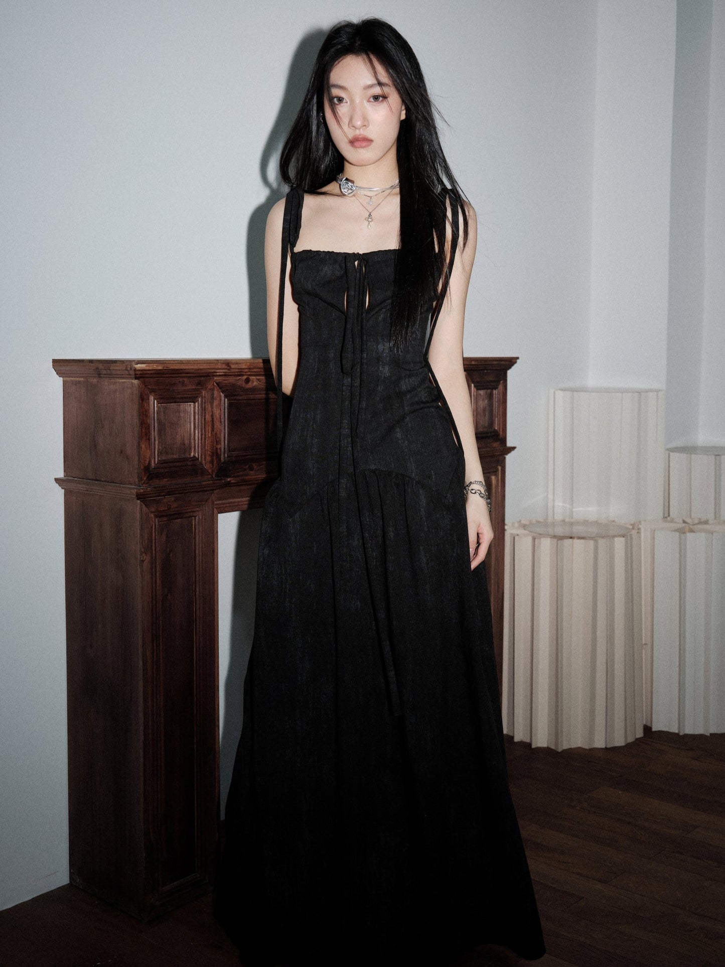 Dark Elegant Hollow Tie Maxi Dress