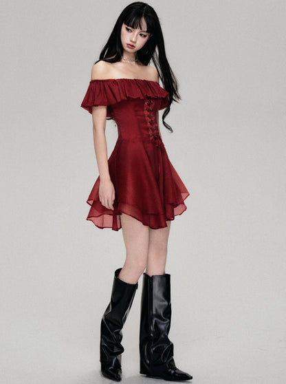 Red Rose Lace-up One-Shoulder Dress