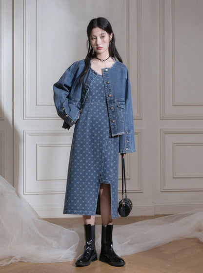 Edged Jacquard Denim Jacket Sundress Set