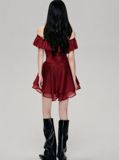 Red Rose Lace-up One-Shoulder Dress