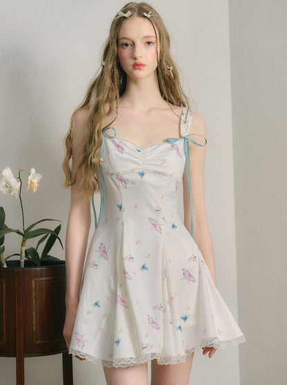 White Jade Lace butterfly Print Dress