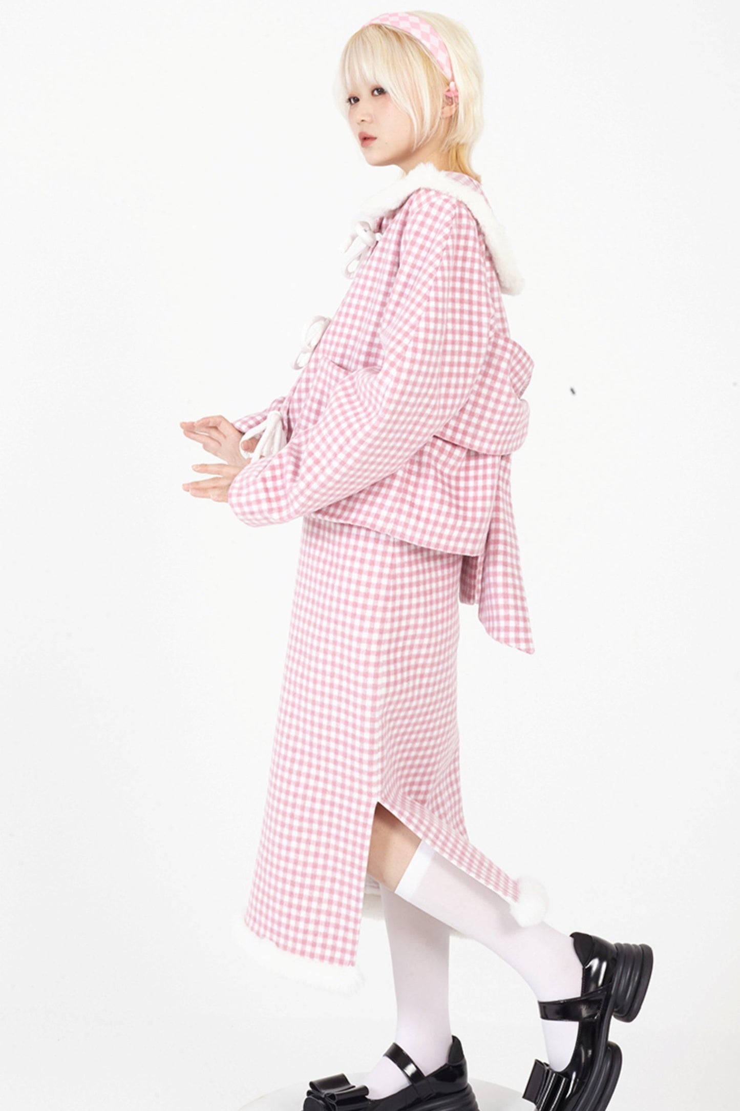 Round Neck Pink Plaid Wool Coat