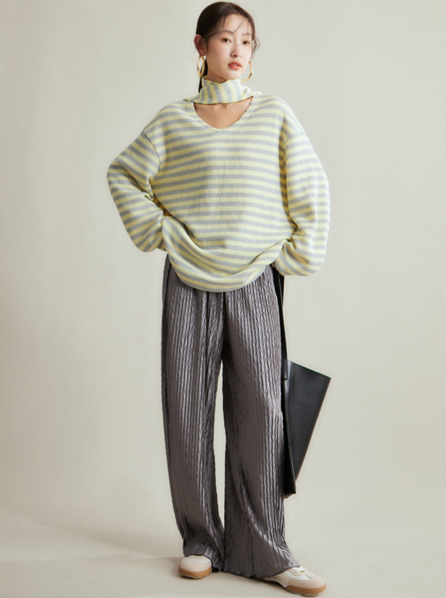 Contrast stripe scarf pullover knit top skirt set