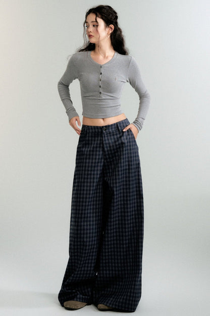 Antique Navy Plaid Wide-Leg Pants