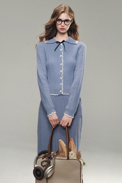 Tranquility Blue Knitted Cardigan Skirt Set-Up