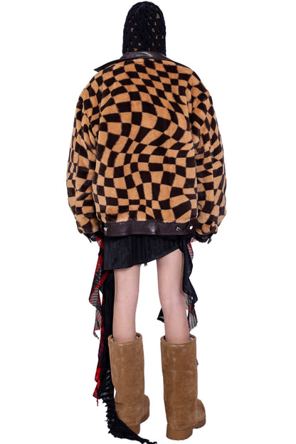 Checkered Panel Fur Coat