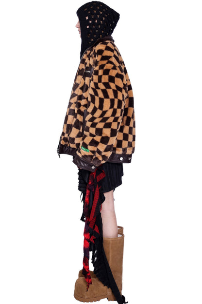 Checkered Panel Fur Coat