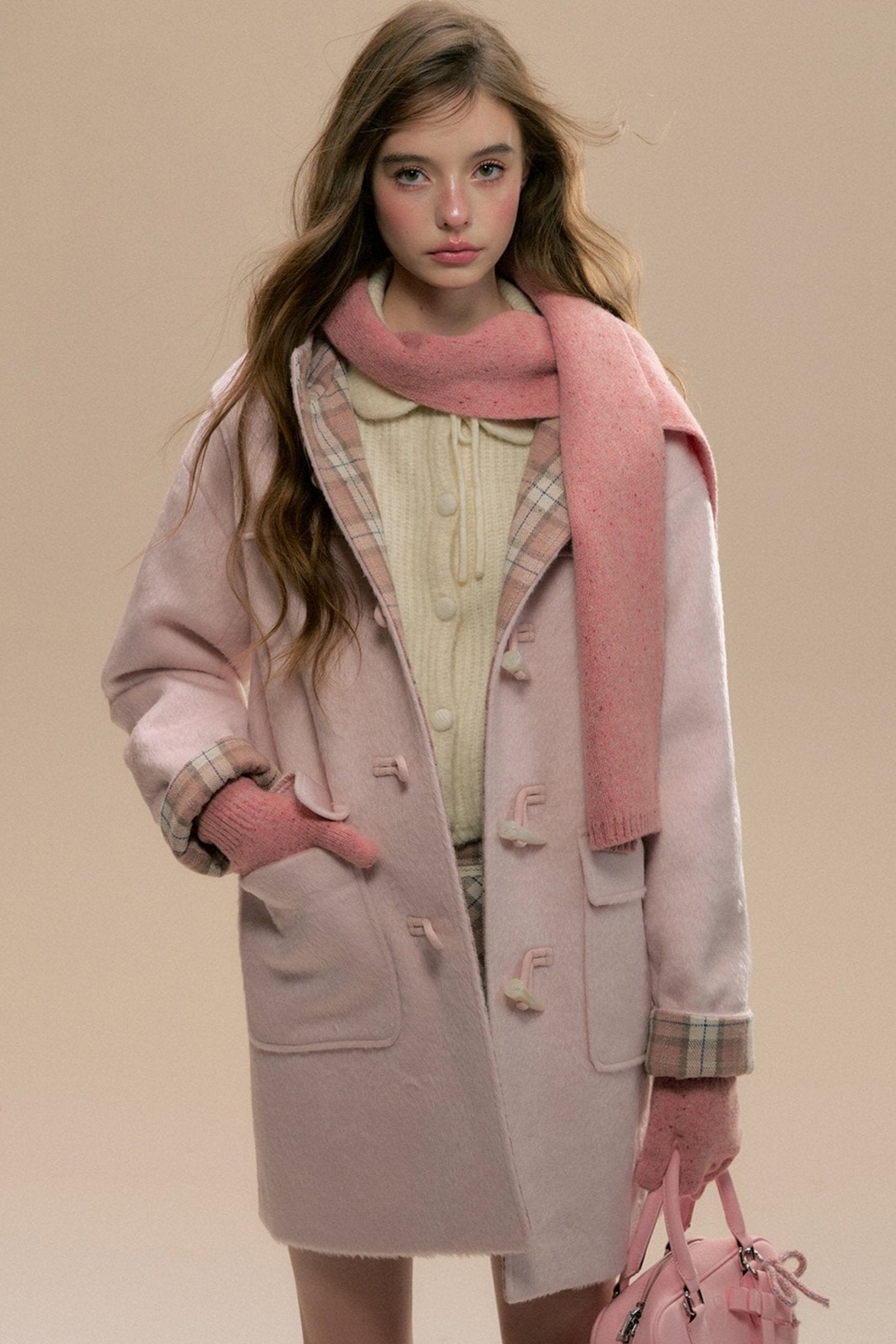 Pink Check Horn Button Coat