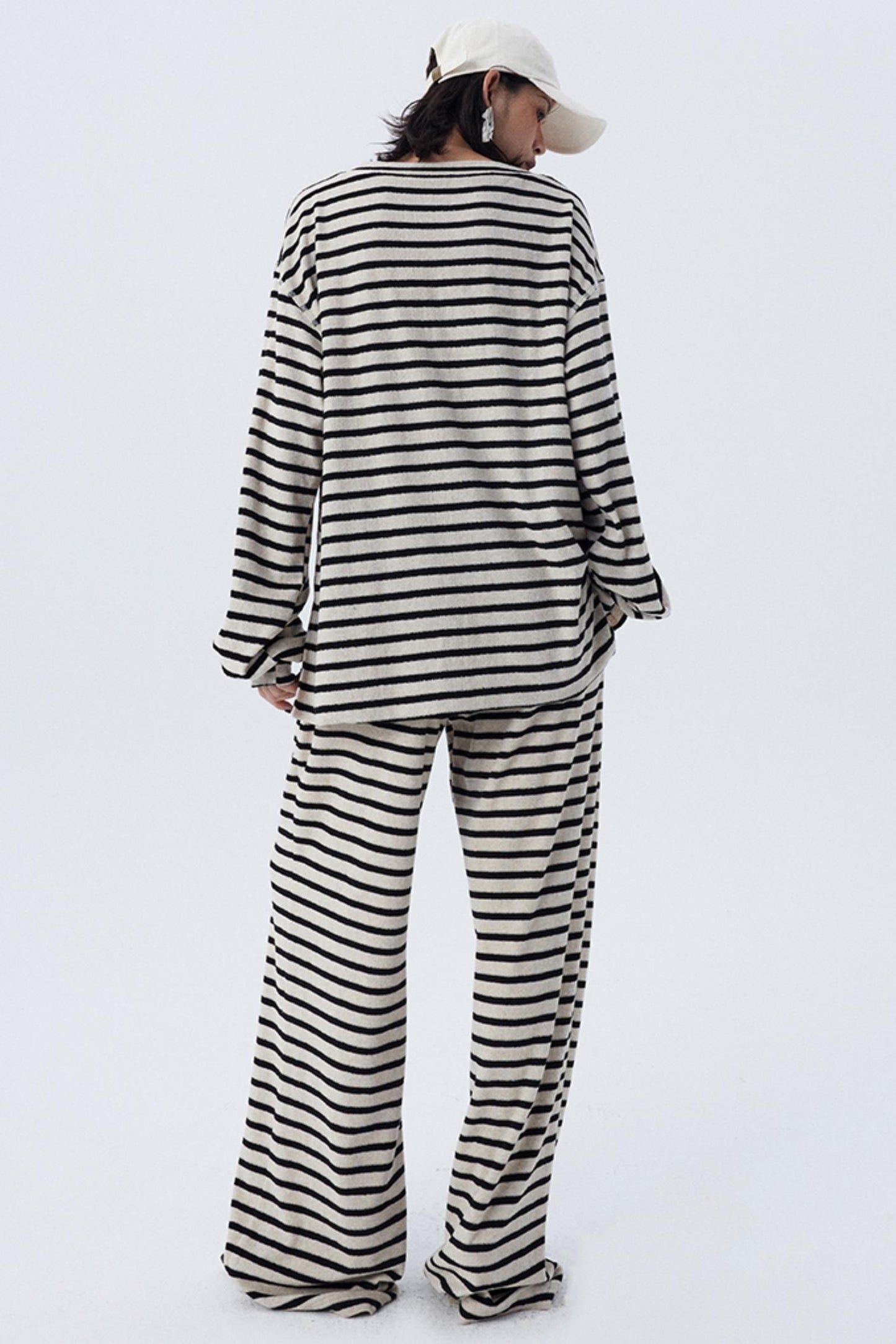 Dropped Shoulder Striped Terry Shirt Set-Up