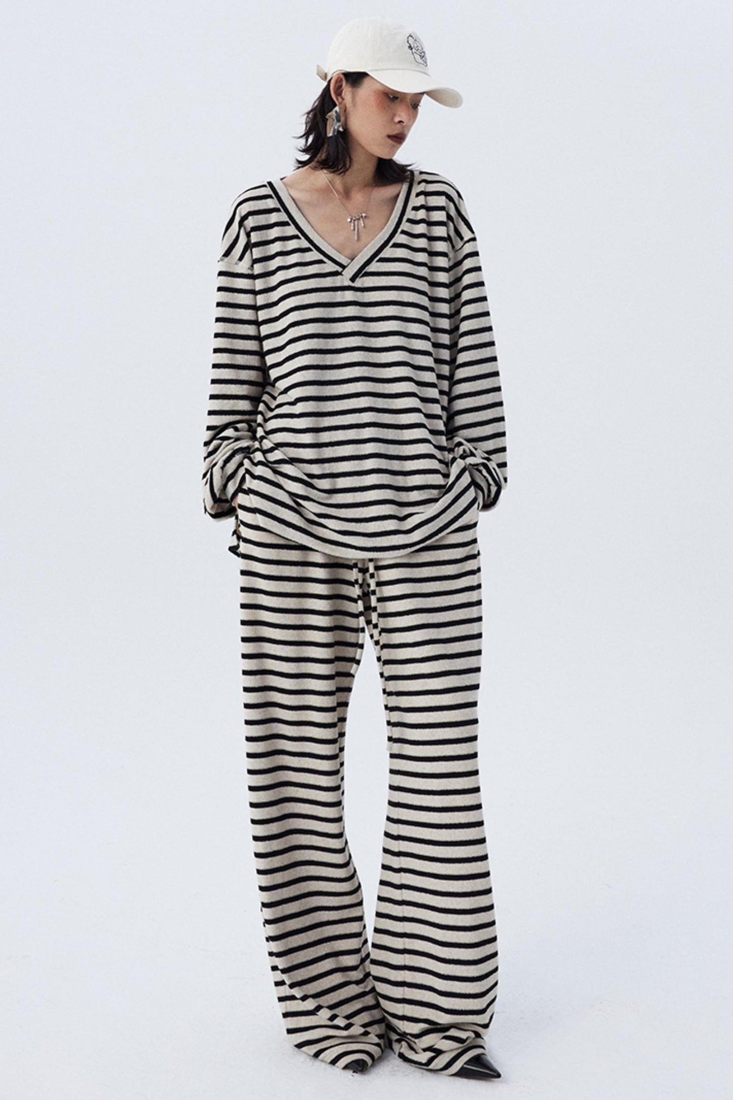 Dropped Shoulder Striped Terry Shirt Set-Up