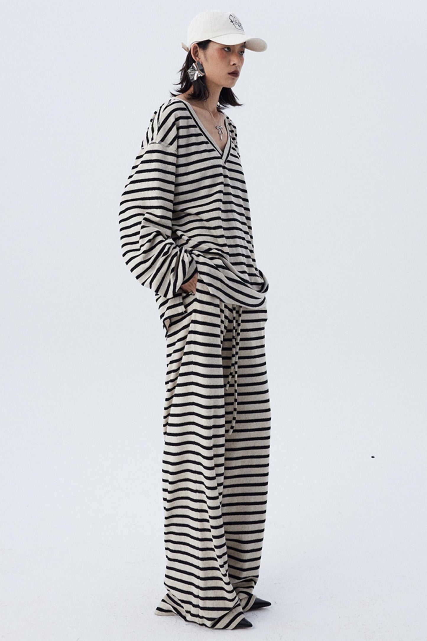 Dropped Shoulder Striped Terry Shirt Set-Up