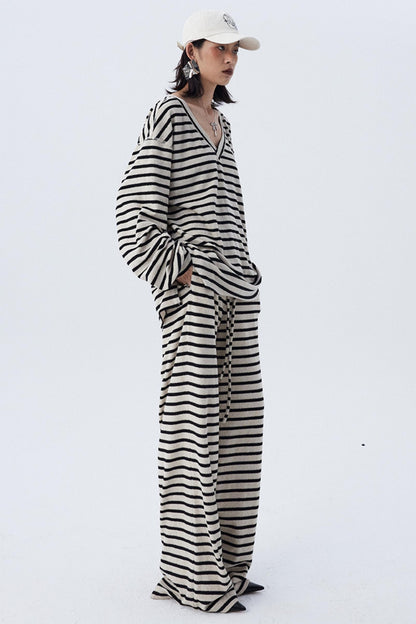 Dropped Shoulder Striped Terry Shirt Set-Up