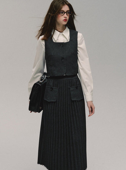 Vest Raw Pleated Long Skirt Set