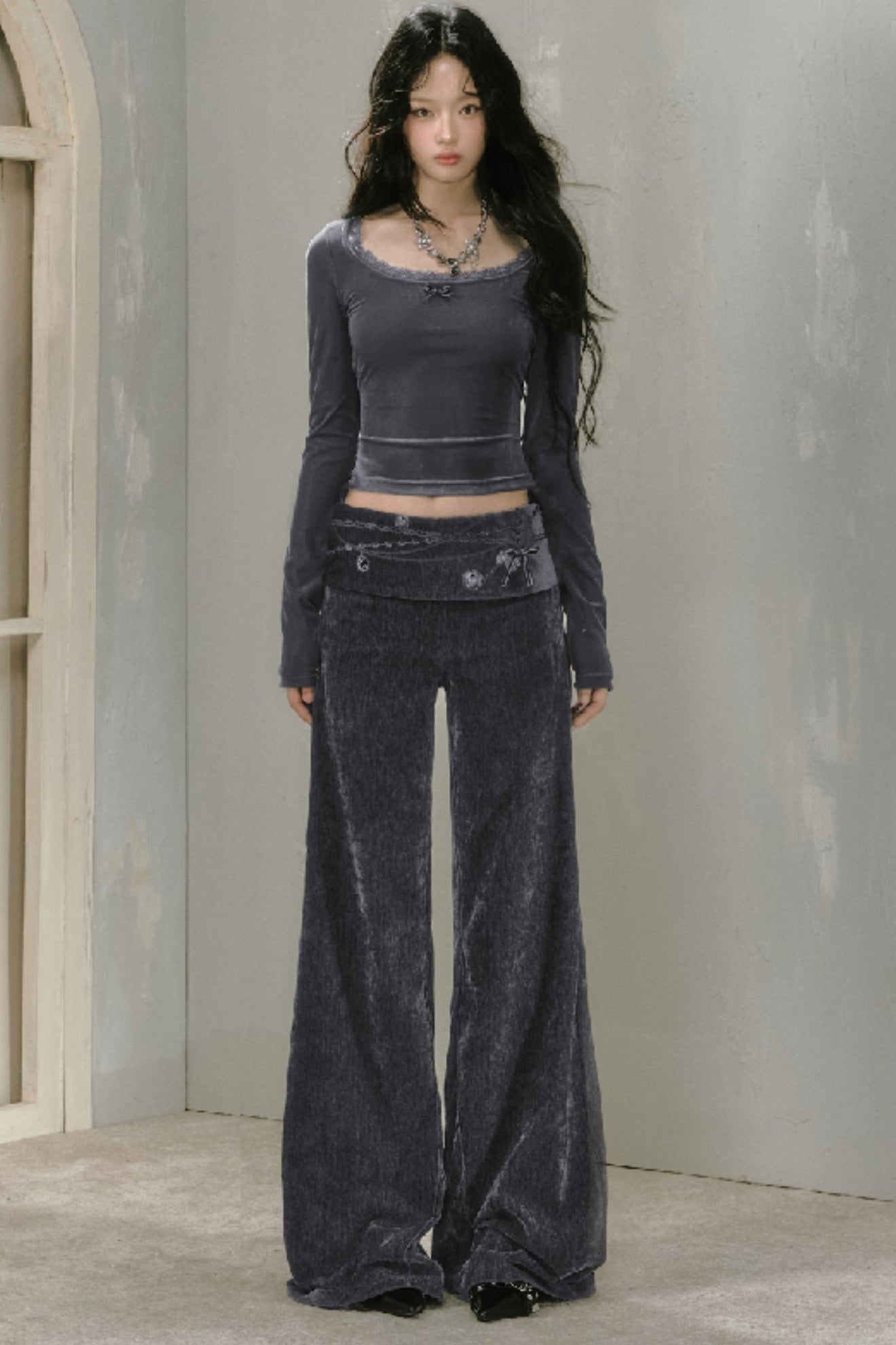 Black Textured Wide Leg Bootcut Pants