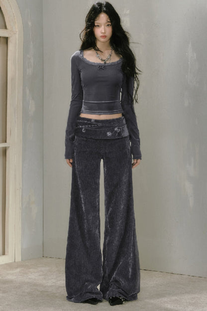 Black Textured Wide Leg Bootcut Pants