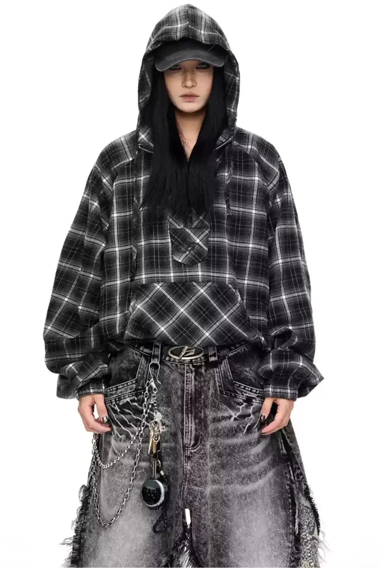 Retro Check Drawstring Baggy Hoodie