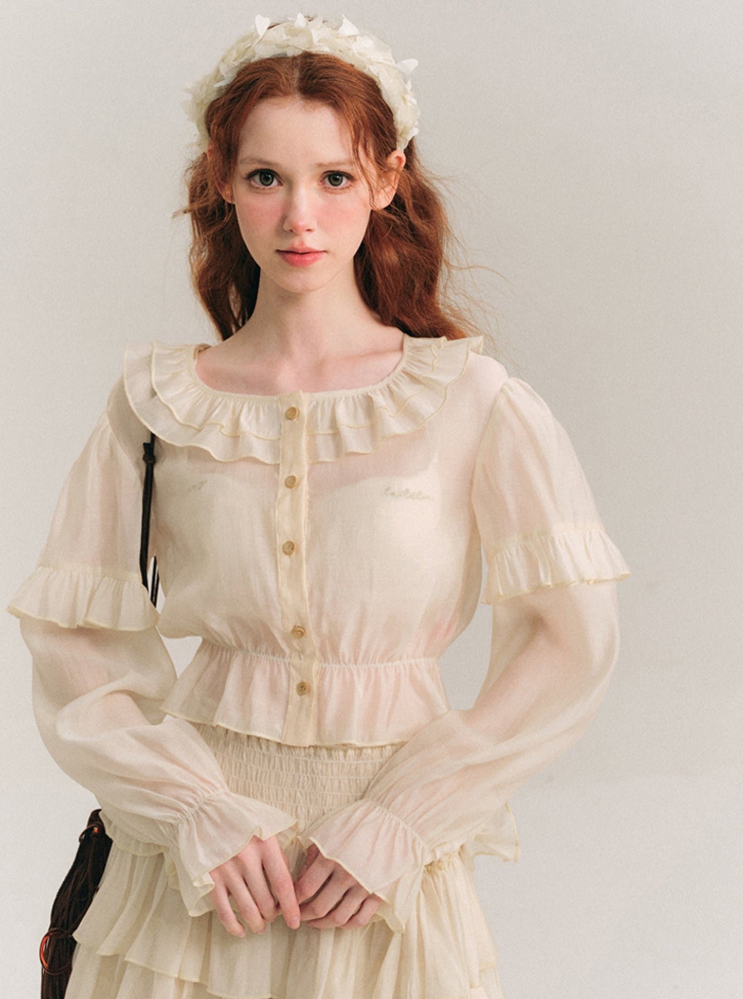 Tencel Ruffle Collar Shirt & Cake Skirt Set-Up