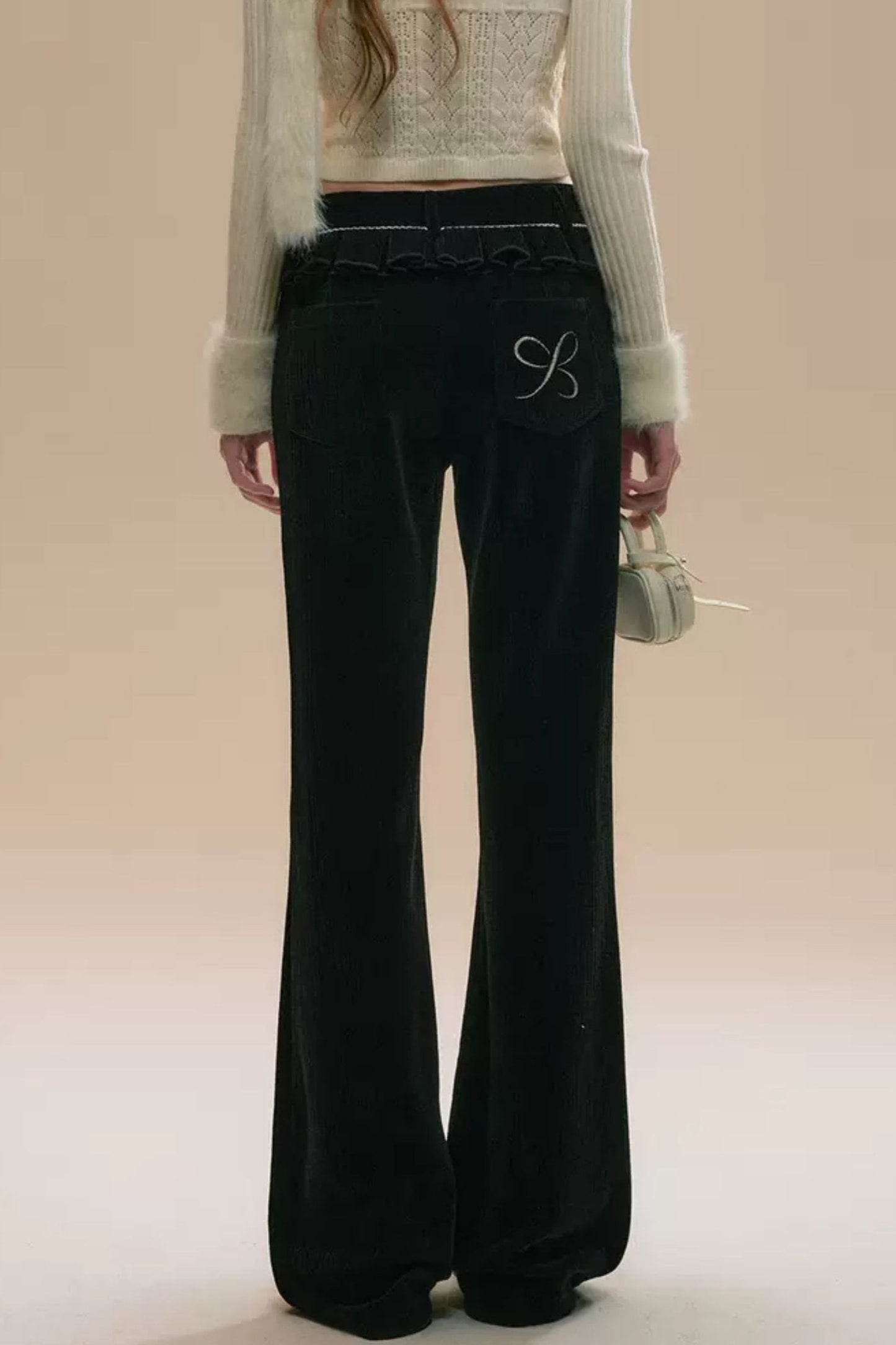 Black Retro Chenille Flared Pants