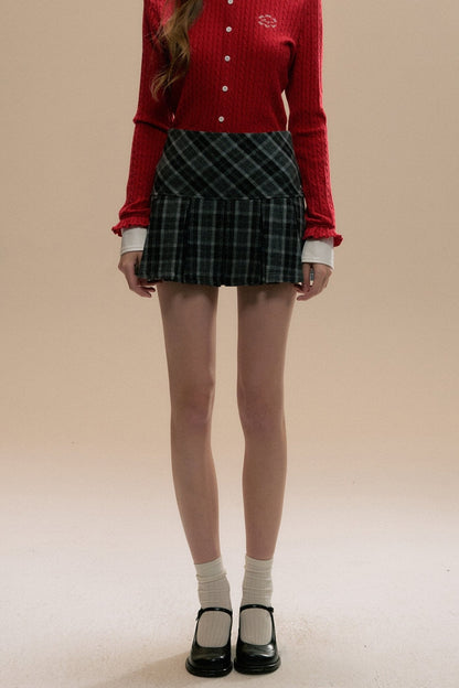 Red Embroidered Tweed Pleated Skirt