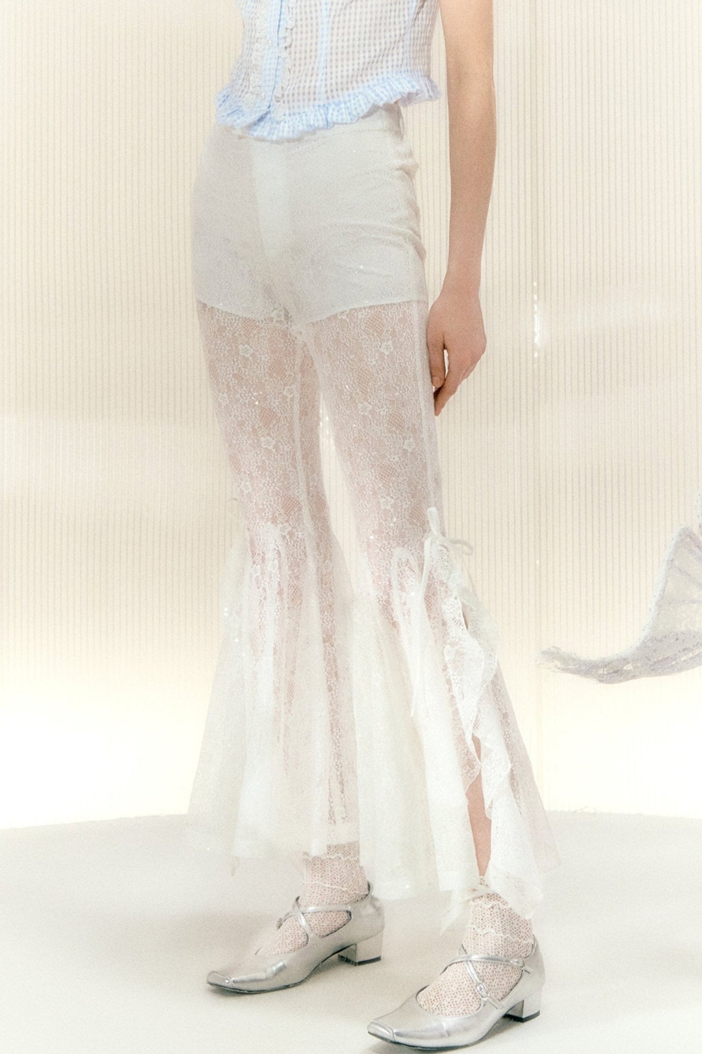 White Sequin Lace Flared Pants