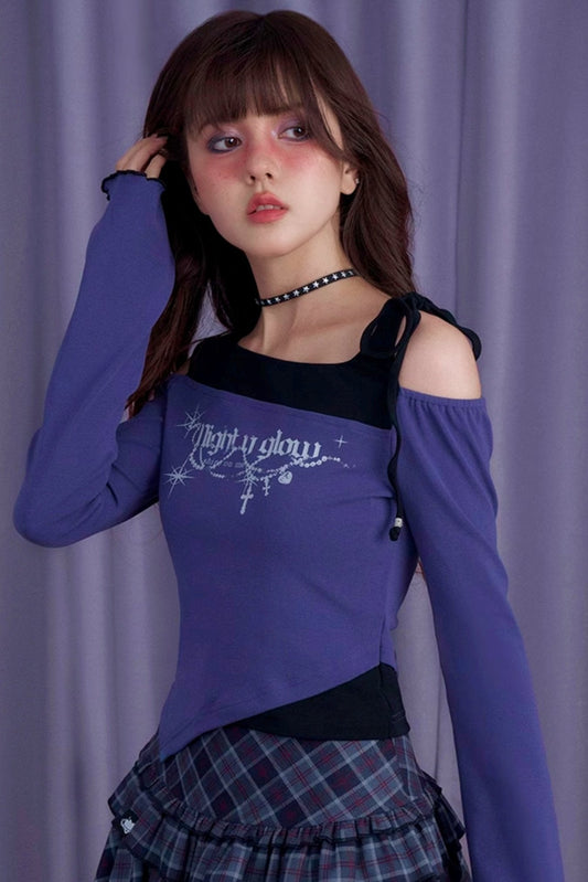 Black Purple Slim Fit Off-Shoulder T-Shirt