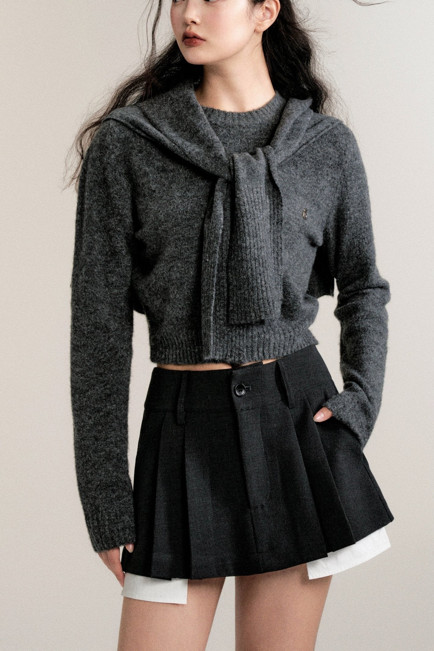 Gray Belt Scarf Round Neck Wool Sweater Top