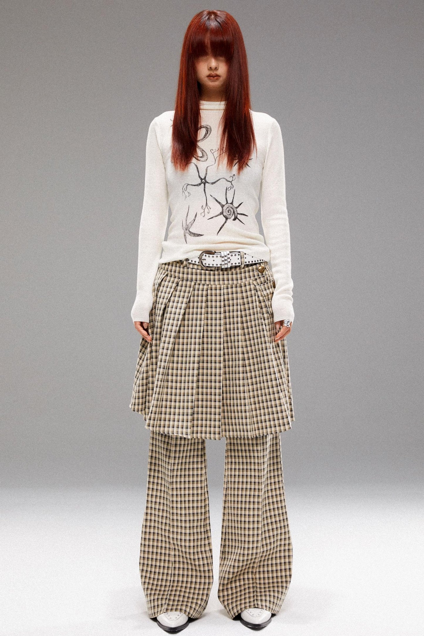 Pleated Check Slim Culottes Pants